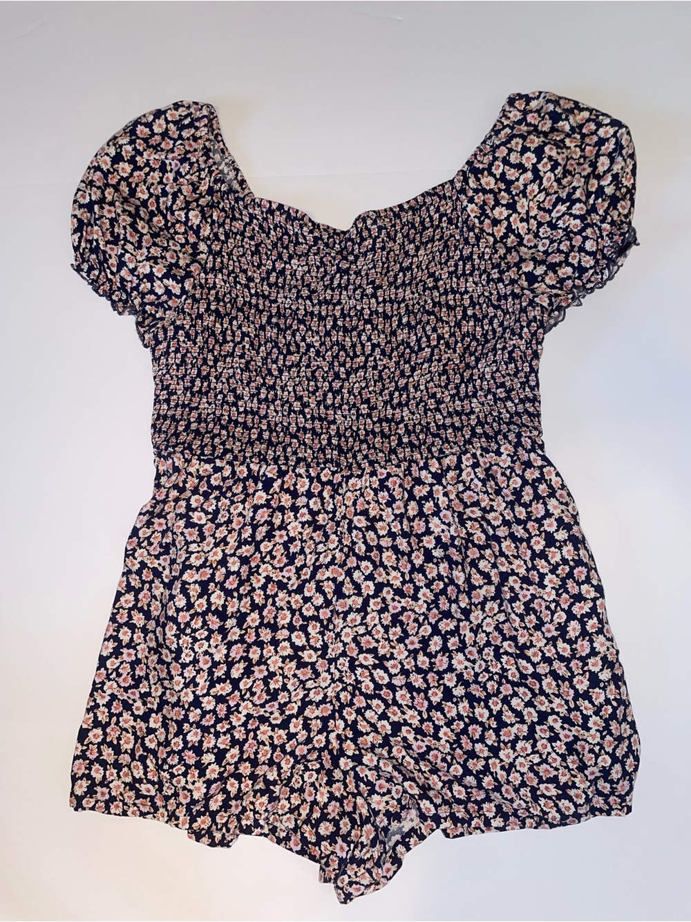 Arizona Jean Co Ditsy Floral Smocked Romper Navy Pink XXL